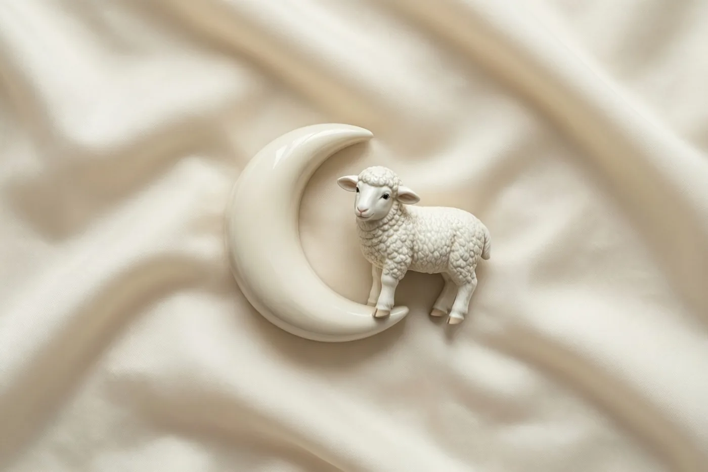 Een klein wit keramieken lammetje staat naast een witte maansikkellantaarn op gedrapeerde crèmekleurige zijde in zachte belichting.