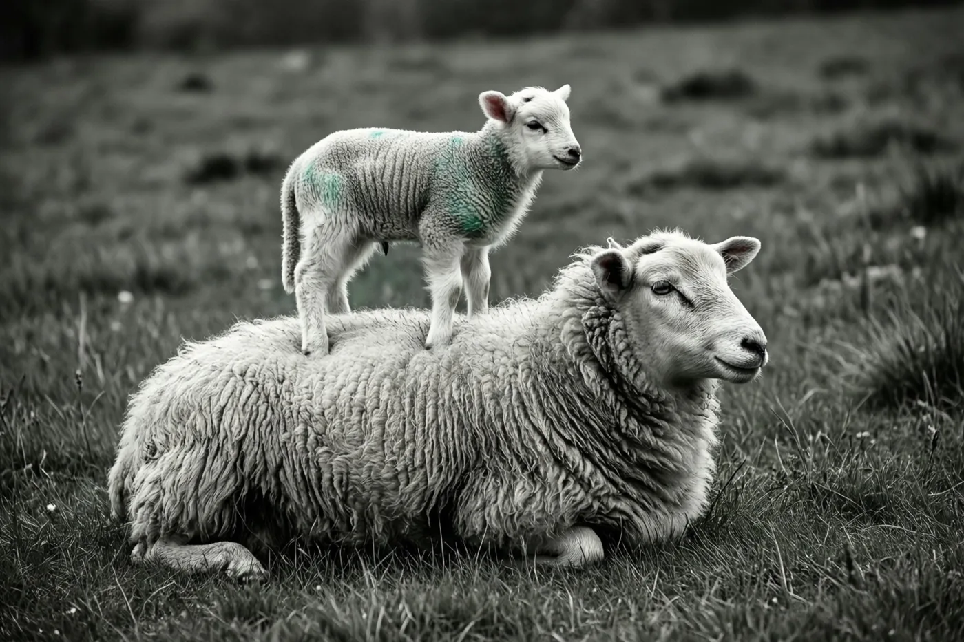 Op een zwart-witfoto staat een lammetje met een groen vlekje op zijn wol op de rug van een ooi die in het gras ligt.