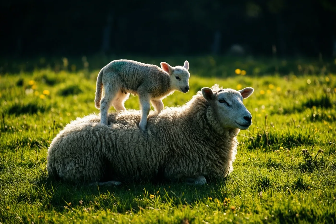 Een lammetje staat op de rug van een liggende ooi in een groene wei vol warm, goudkleurig zonlicht.