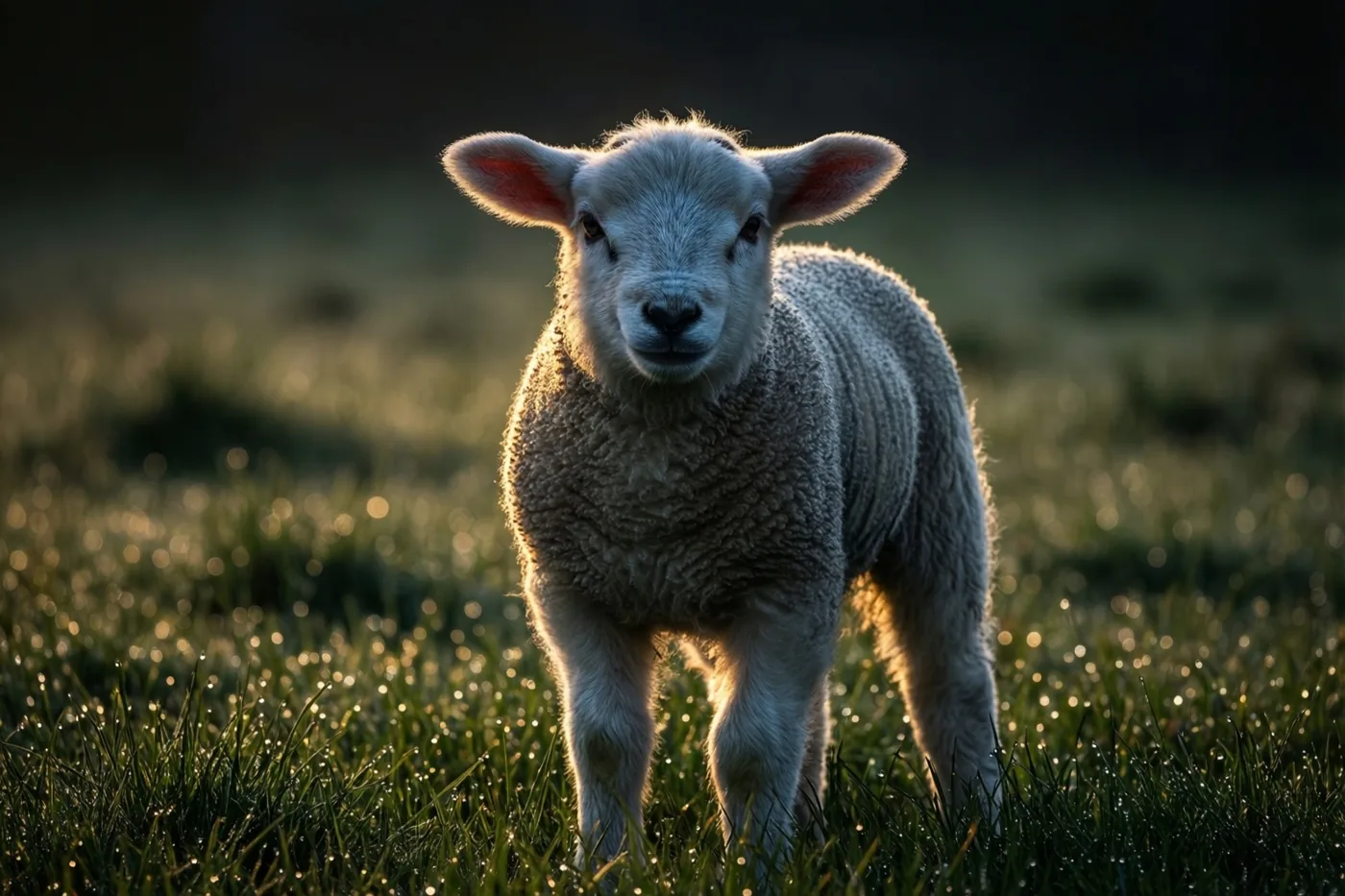 Een jong lammetje staat tussen grassprieten met dauw in zacht gouden licht van de opkomende zon, tegen een donkere achtergrond.