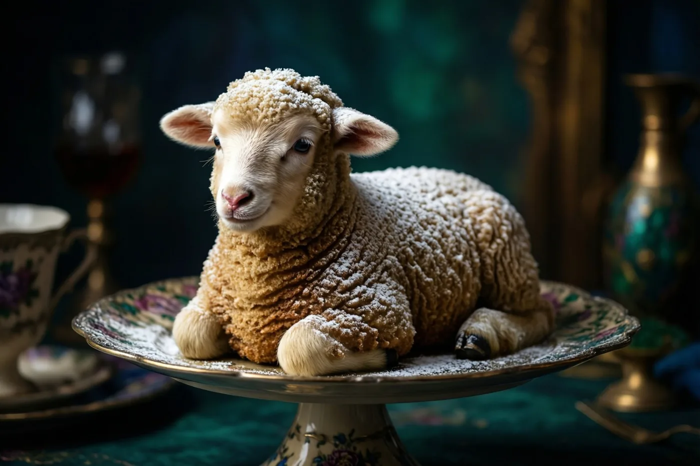 Een cake in de vorm van een lammetje met poedersuiker staat op een sierlijke vintage taartstandaard, met decoratief servies tegen een donkere, rijkgekleurde achtergrond.