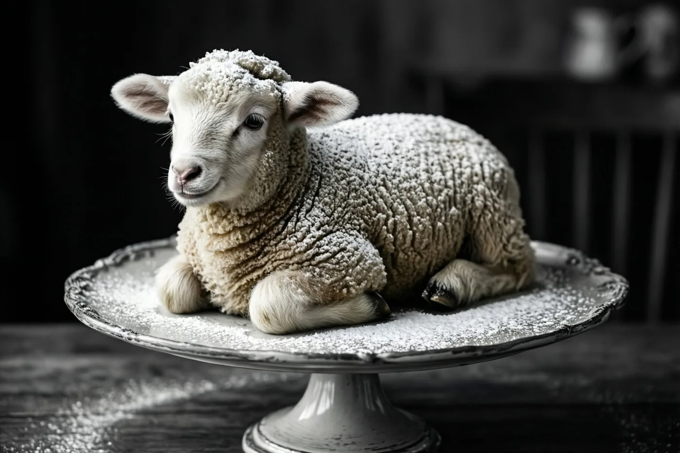 Een cake in de vorm van een lammetje, bestrooid met poedersuiker, rust op een sierlijke vintage taartstandaard tegen een donkere, wazige achtergrond.