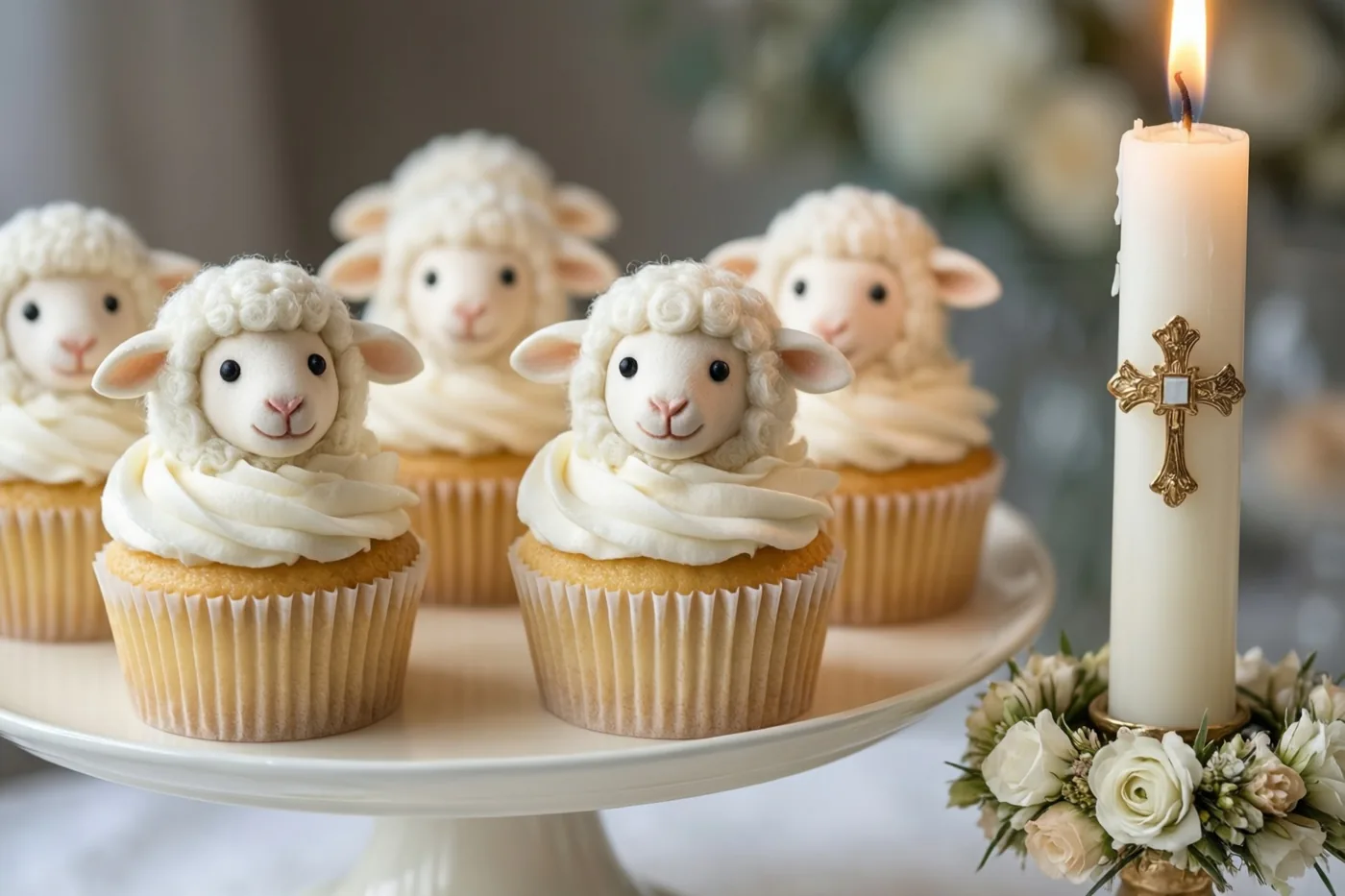 Cupcakes versierd als wollige lammetjes staan op een witte taartstandaard naast een brandende communiekaars met een kruis en een bloemstuk in een zacht verlichte omgeving met witte en crèmekleurige tinten.