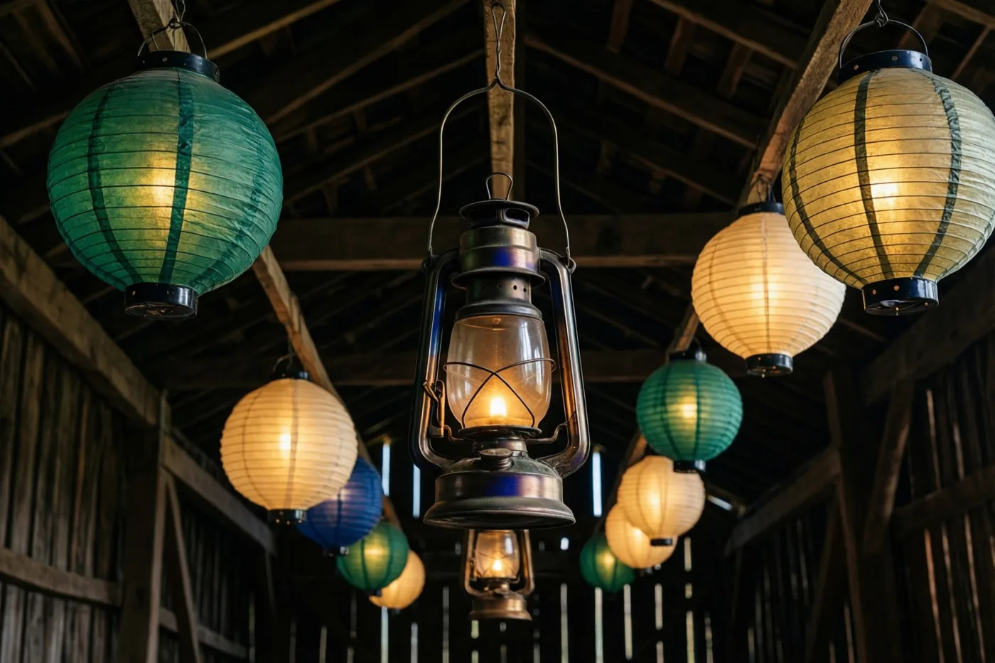Oude olielampen en kleurrijke papieren lampionnen hangen aan de houten balken van een schuur in warm licht met groene, gele en blauwe tinten.