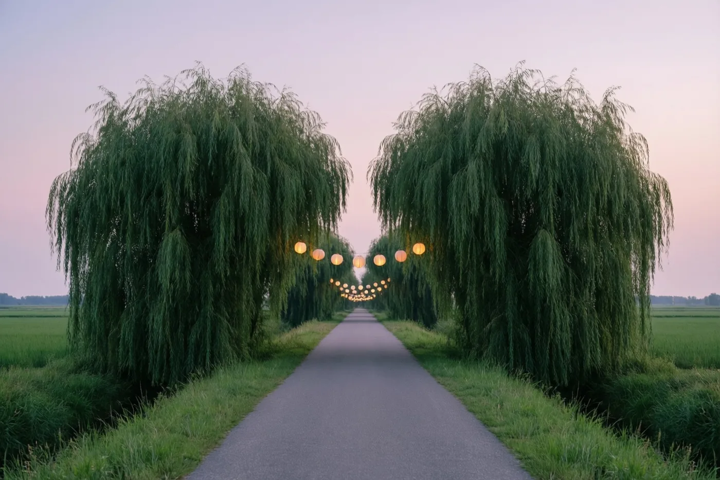 Boven een verharde polderweg tussen hoge knotwilgen met afhangende takken hangen warm verlichte papieren lampionnen bij schemering.