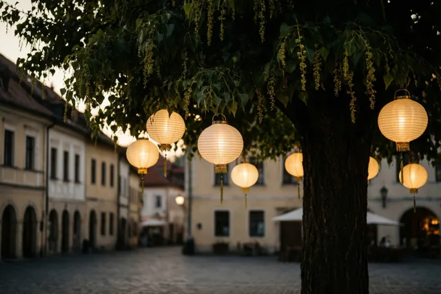 Papieren lampionnen hangen bij schemering in een linde op een dorpsplein, met warm geel licht, historische gebouwen en een kasseienstraat op de achtergrond.