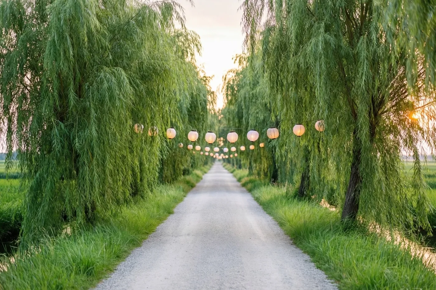 Een grindweg loopt bij schemering door een polderlandschap tussen rijen knotwilgen met afhangende groene takken en kleine lichtgevende papieren lampionnen langs het pad.