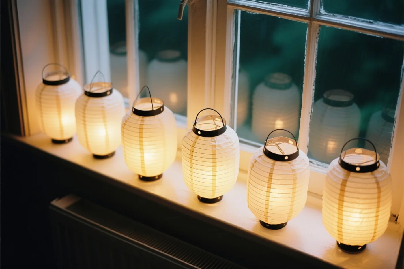Een rij brandende papieren lampionnen staat op een vensterbank, met daarachter een raam dat uitkijkt op een donkere, regenachtige omgeving.