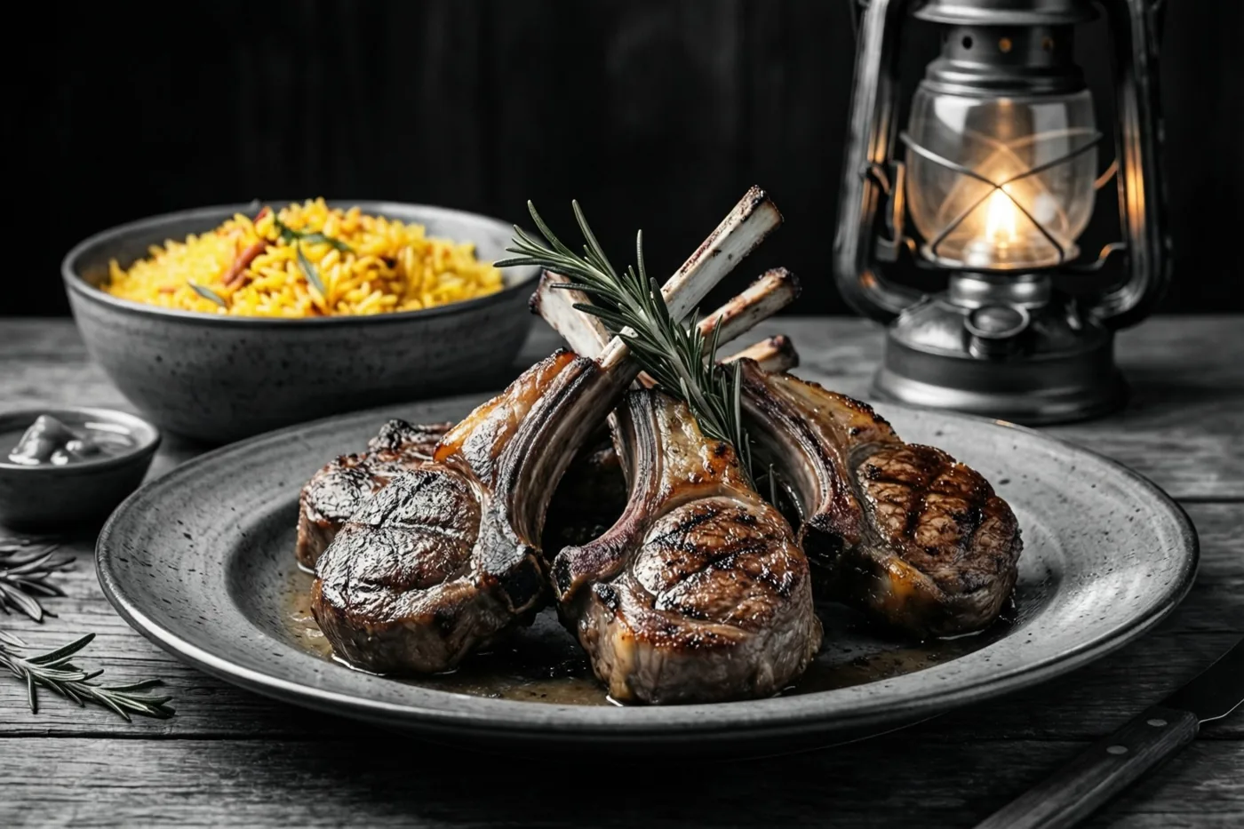 Een bord gegrilde lamskoteletjes met rozemarijn staat op een donkerhouten tafel naast een kom saffraanrijst en een gloeiende lantaarn tegen een donkere achtergrond.