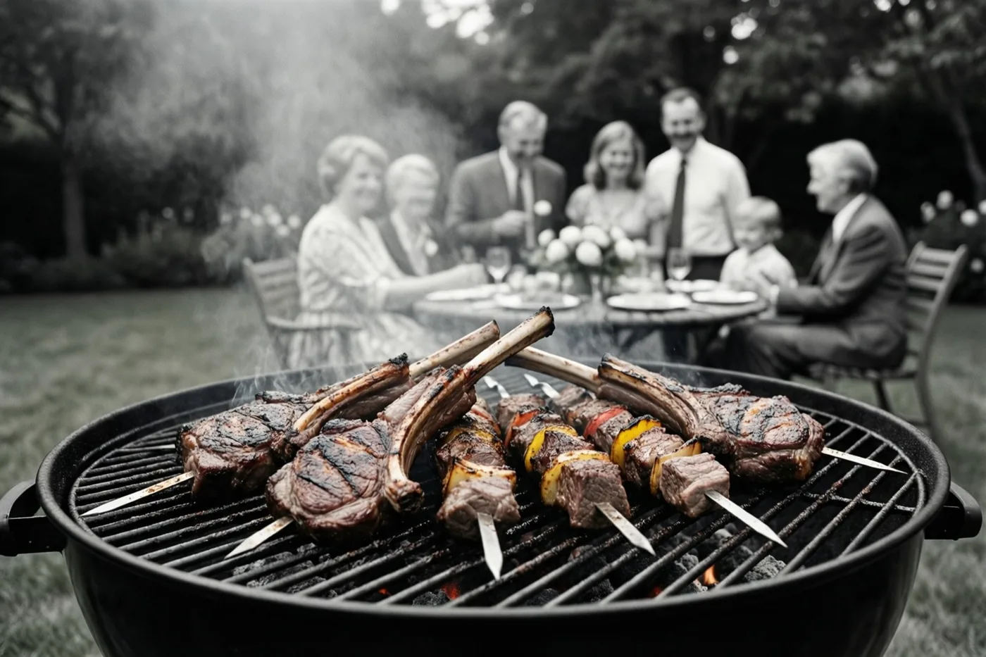 Op een zwart-witfoto liggen spiesjes lamsvlees op een zwarte barbecue buiten, met een onscherp afgebeelde familie aan tafel op de achtergrond.