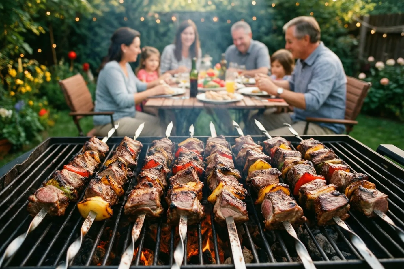 Spiesjes lamsvlees liggen op een houtskoolbarbecue, met een onscherp afgebeelde familie aan een houten tuintafel tussen groen en lichtslingers in gouden licht.
