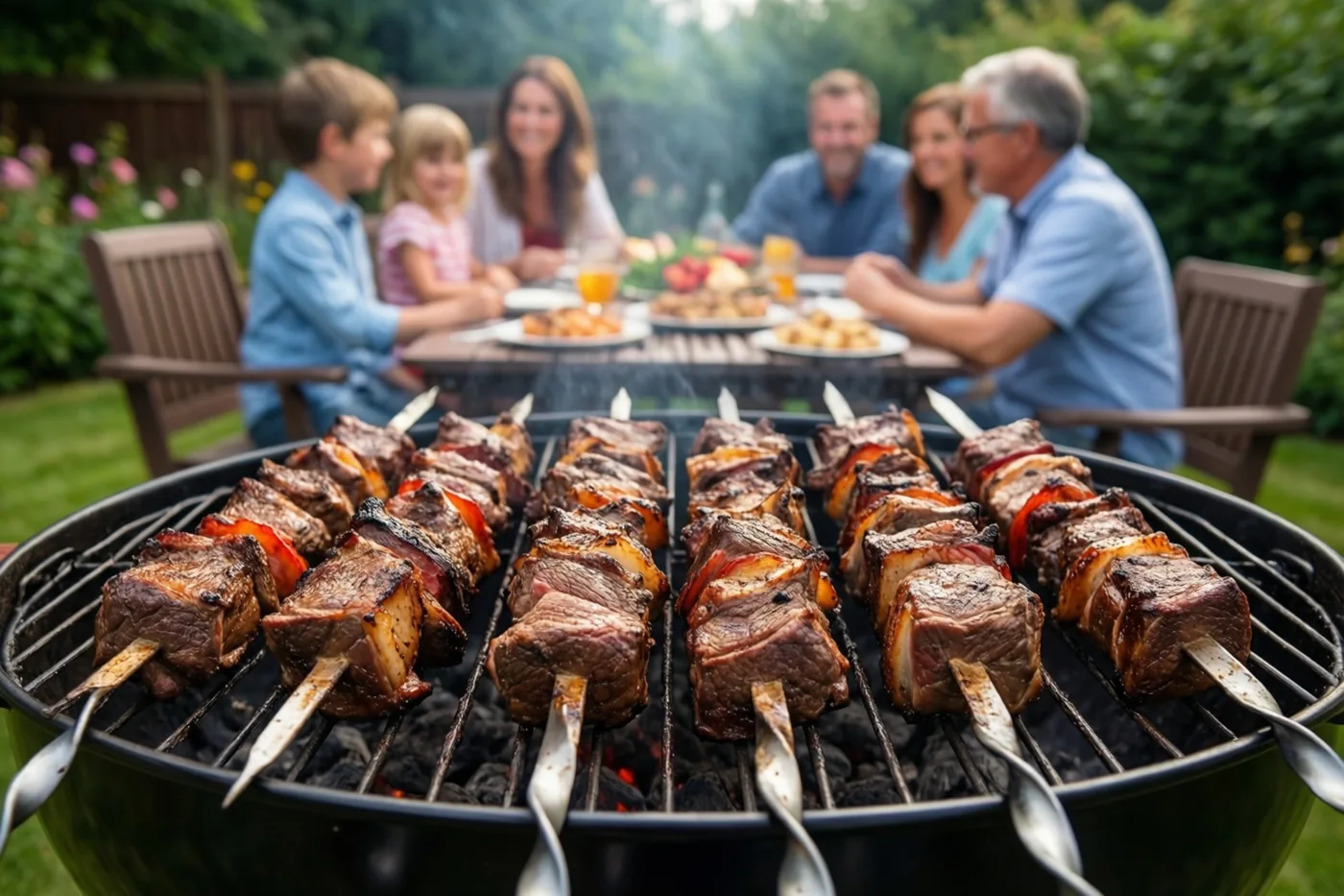 Spiesjes lamsvlees garen op een ronde houtskoolbarbecue, met op de wazige achtergrond een familie aan tafel in een tuin met groen en bloemen.
