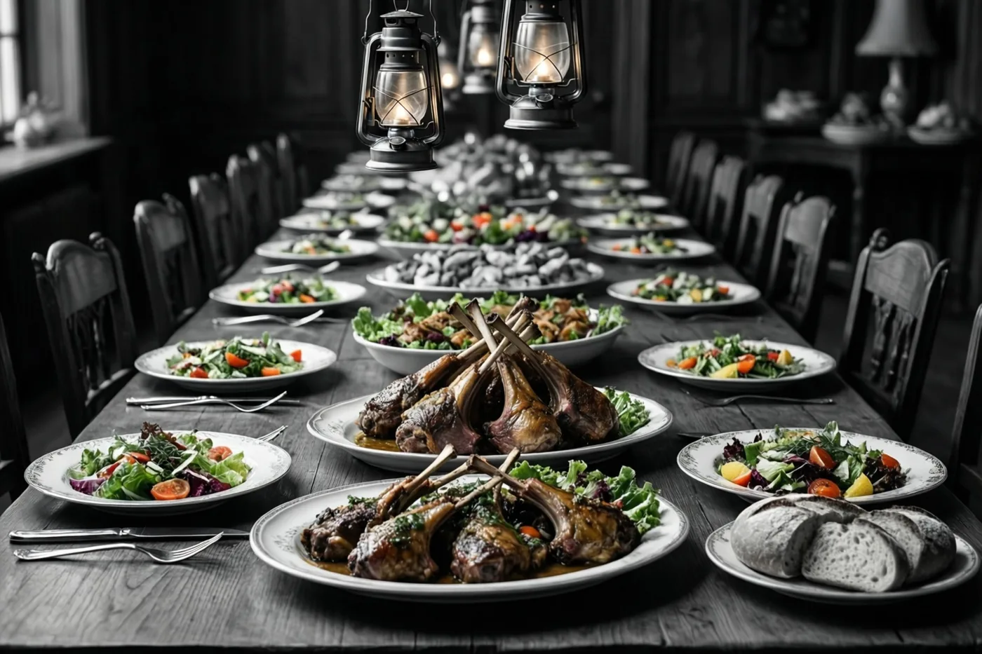 Een lange houten tafel met borden gebraden lamsvlees, salades en brood wordt verlicht door hangende lantaarns in een schemerige kamer.