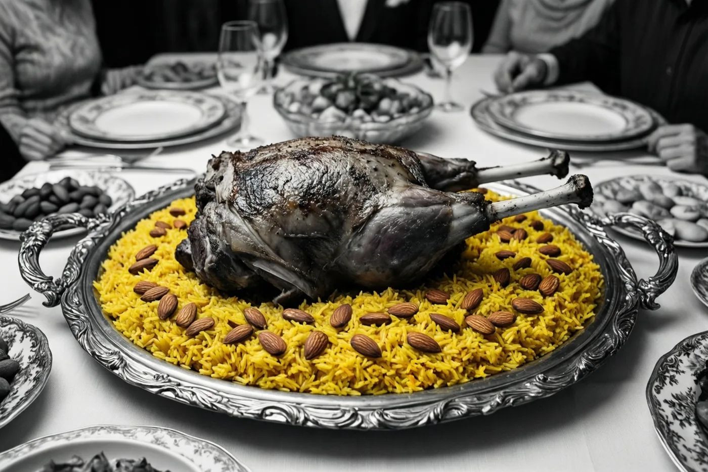 Gebraden lamsvlees ligt op gele saffraanrijst met amandelen in een sierlijke zilveren schaal, terwijl de tafel en de achtergrond in zwart-wit zijn weergegeven.