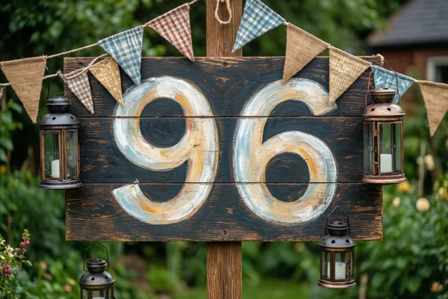 Een landelijk houten bord met het geschilderde getal 96 staat in een tuin met vlaggetjes en hangende lantaarns in donkere houttinten, wit en aardekleuren.