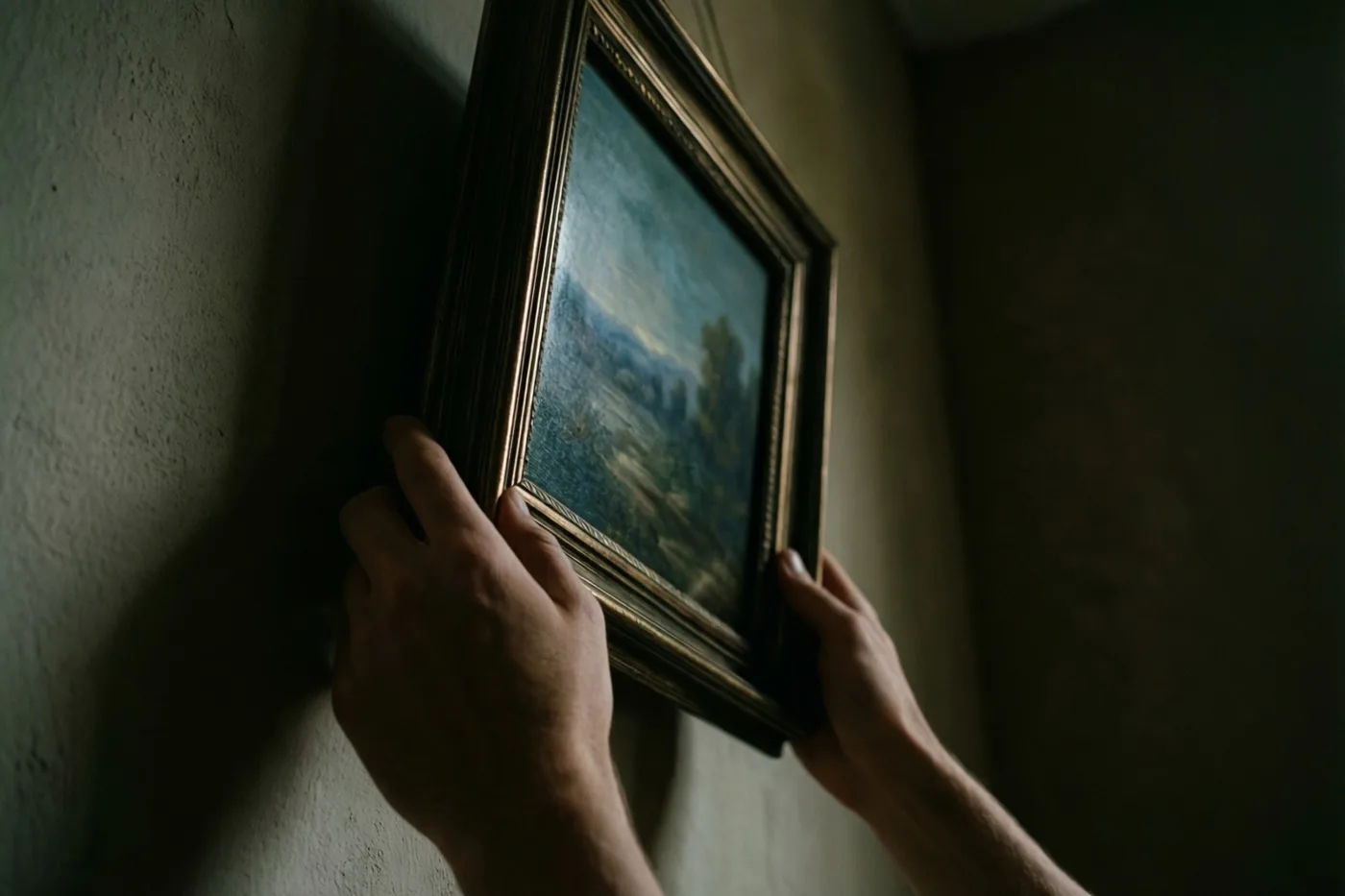 Twee handen hangen een ingelijst landschap aan een muur met structuur in een donkere kamer met bruine en diepblauwe tinten.