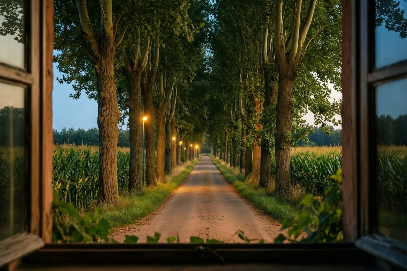 Door een open raam is een rustige landweg tussen hoge populieren en maïsvelden te zien in warm gouden licht.