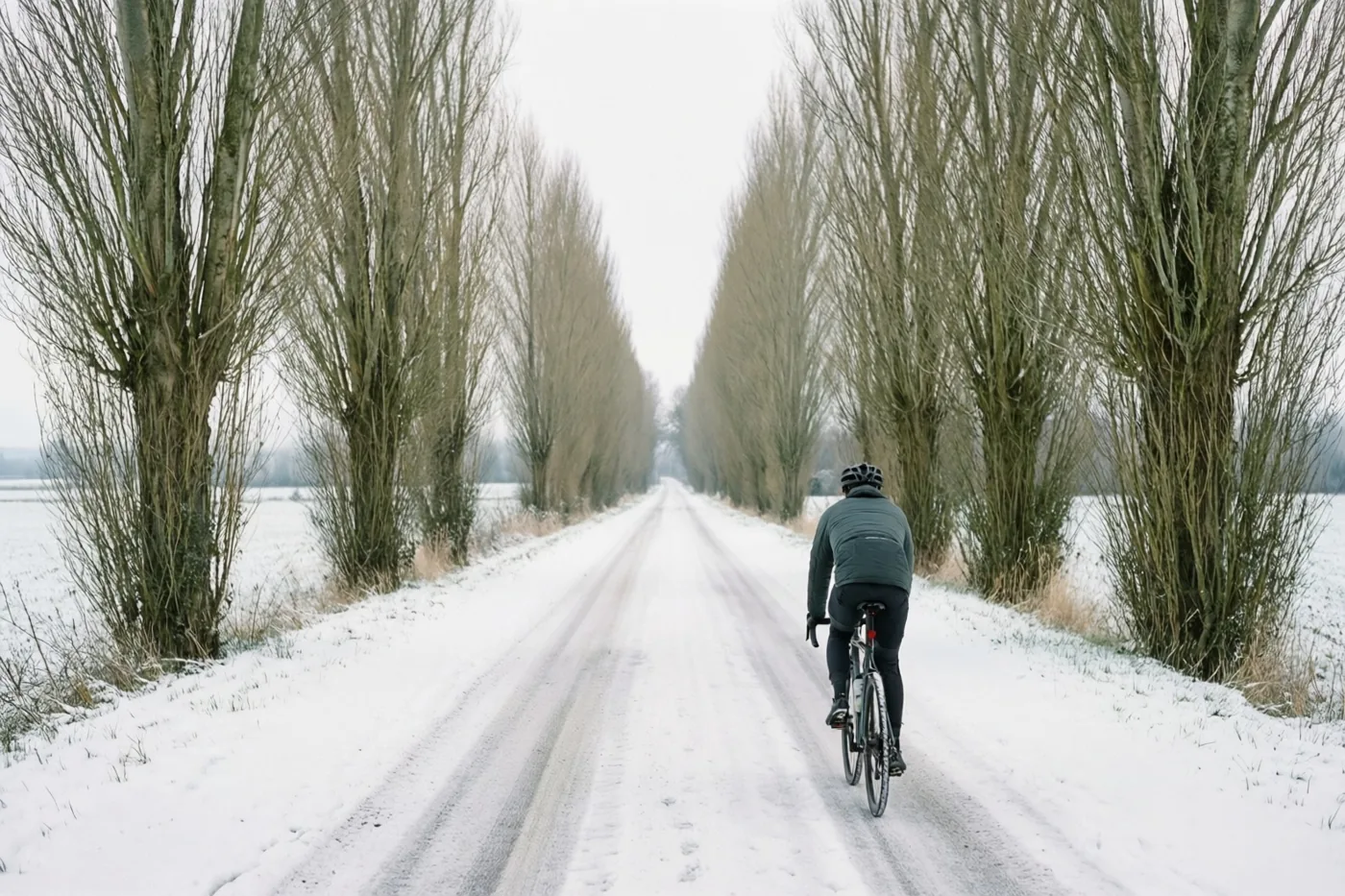Een fietser rijdt weg over een besneeuwde landweg tussen rijen knotwilgen onder een grijze hemel.
