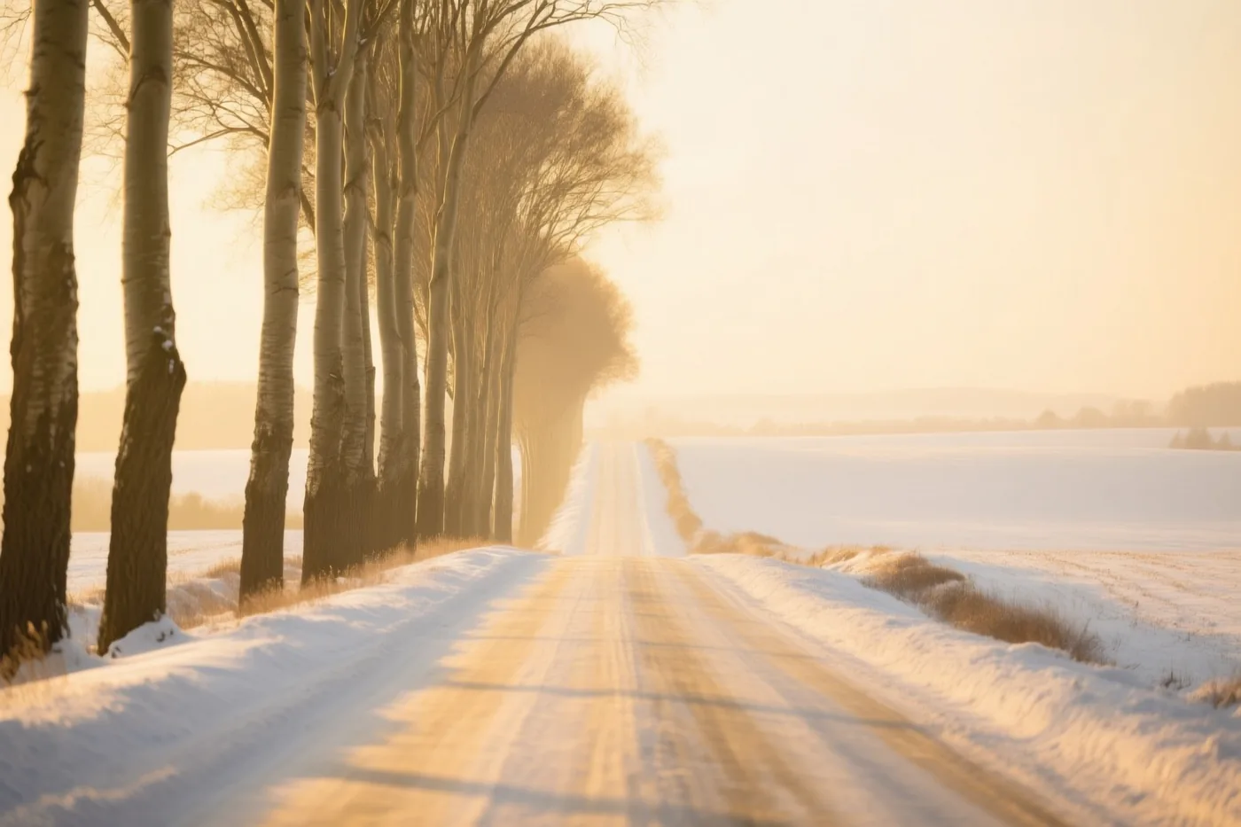 Een besneeuwde landweg met hoge, kale populieren links loopt naar een nevelige horizon in warm goudkleurig zonlicht.