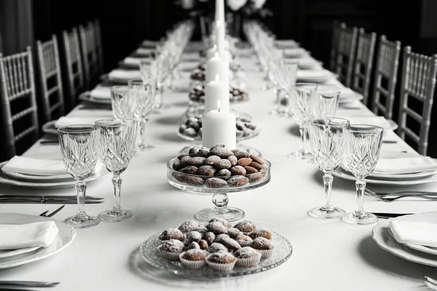 Een zwart-witfoto toont een lange feesttafel met wit linnen, kristallen glazen, witte kaarsen en suikerbonen als bedankjes.