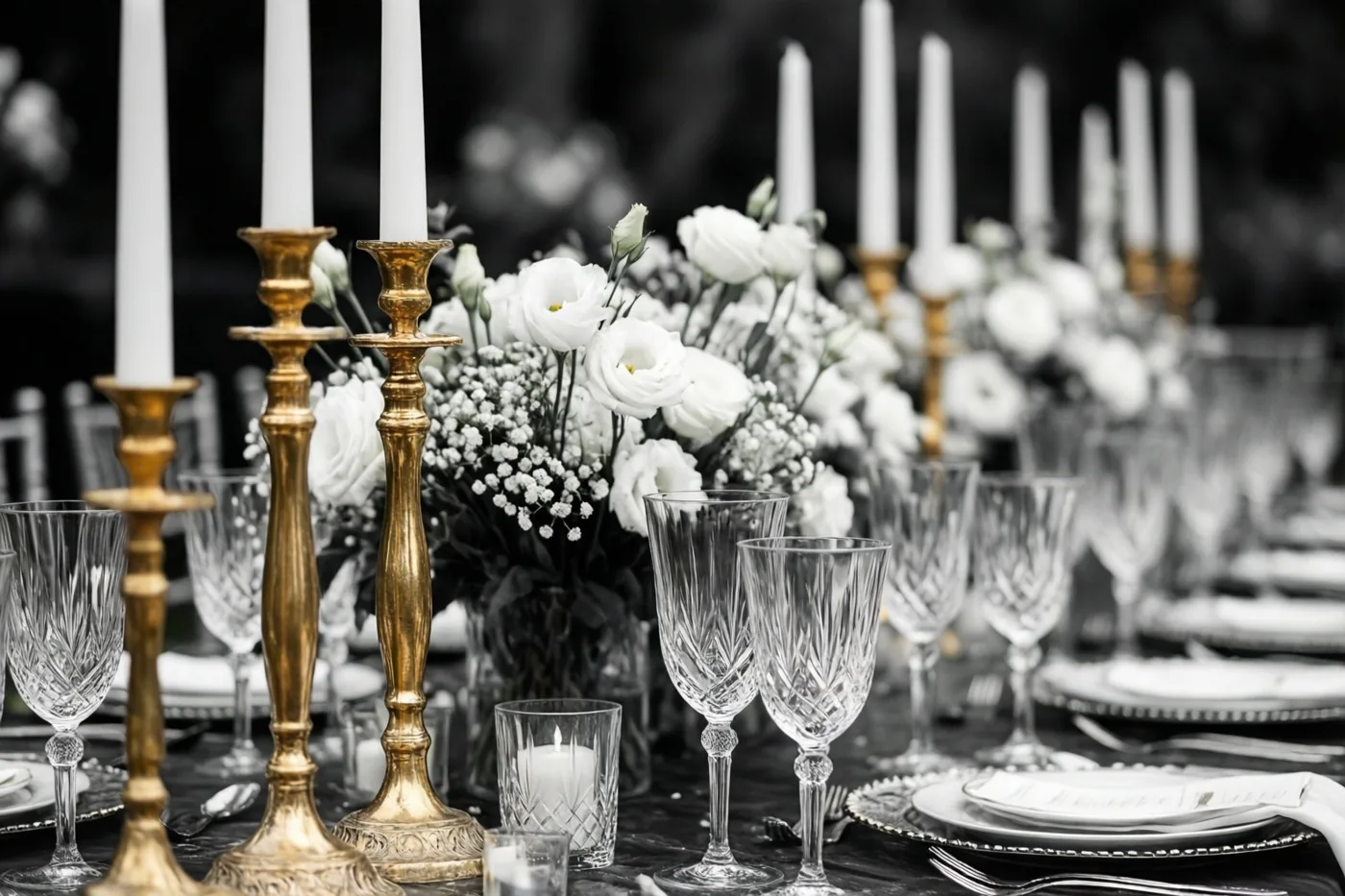 Een lange gedekte tafel met gouden kandelaars, witte bloemstukken en kristallen glazen is grotendeels in zwart-wit weergegeven, met gouden en witte accenten.