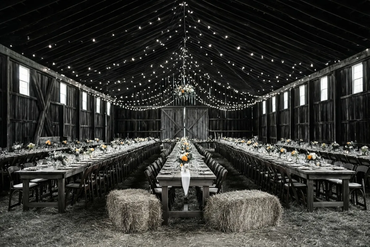 Een lange schuur met een hoog houten plafond is ingericht met lange houten tafels, stoelen, hooibalen, lichtslingers en bloemstukken op de tafels.
