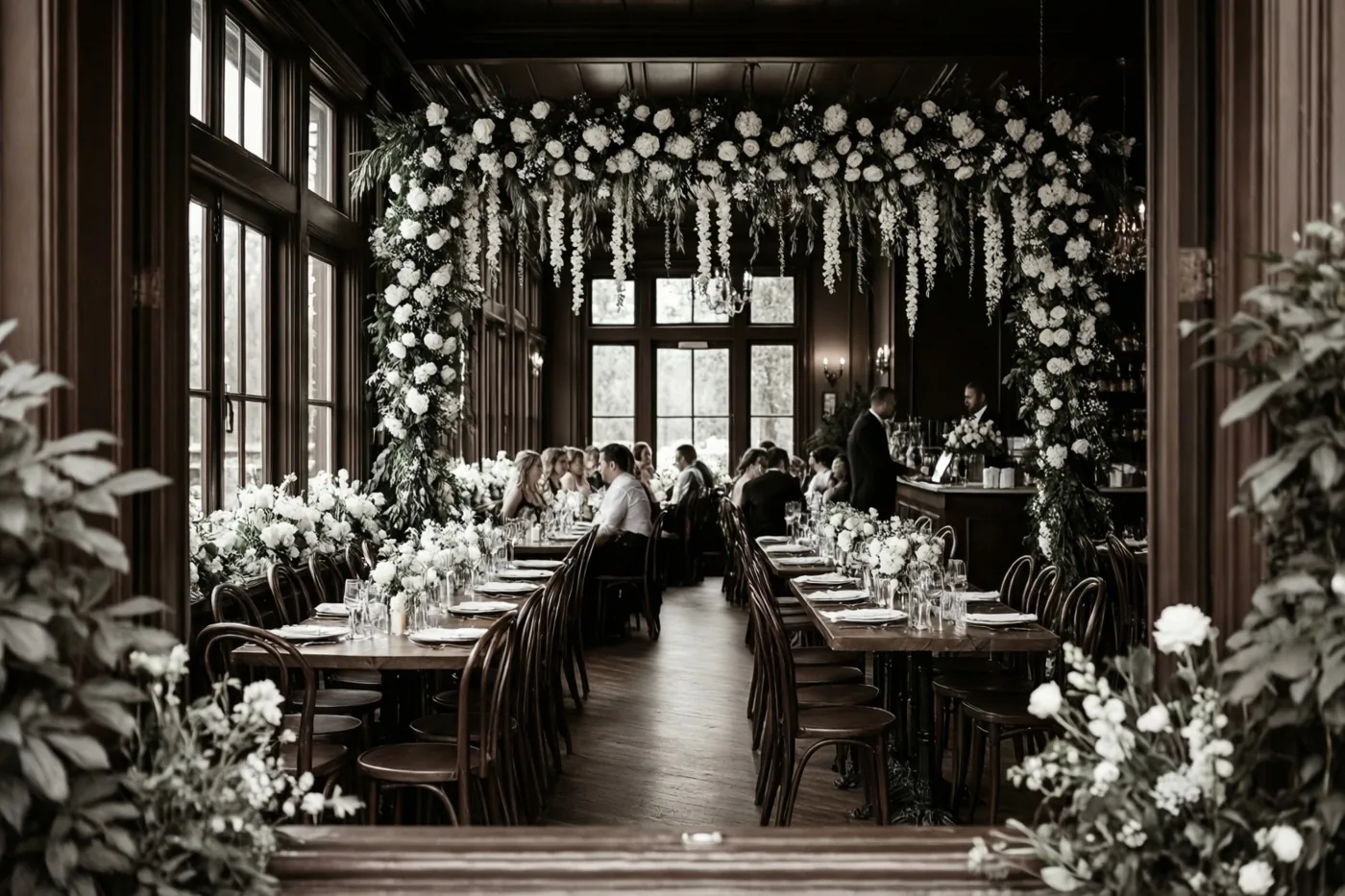 Een lange eetzaal in bruine tinten met grote ramen is voor een huwelijk versierd met donkerhouten tafels en stoelen, veel witte bloemstukken en hangende slingers.