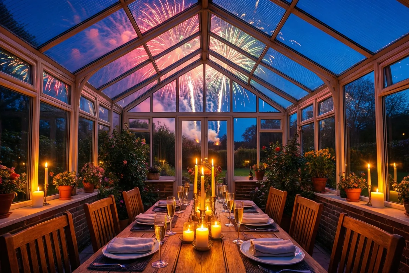 In een glazen veranda staat een lange houten eettafel met kaarsen en champagneglazen, terwijl kleurrijk vuurwerk door het glazen dak zichtbaar is in de schemerlucht.