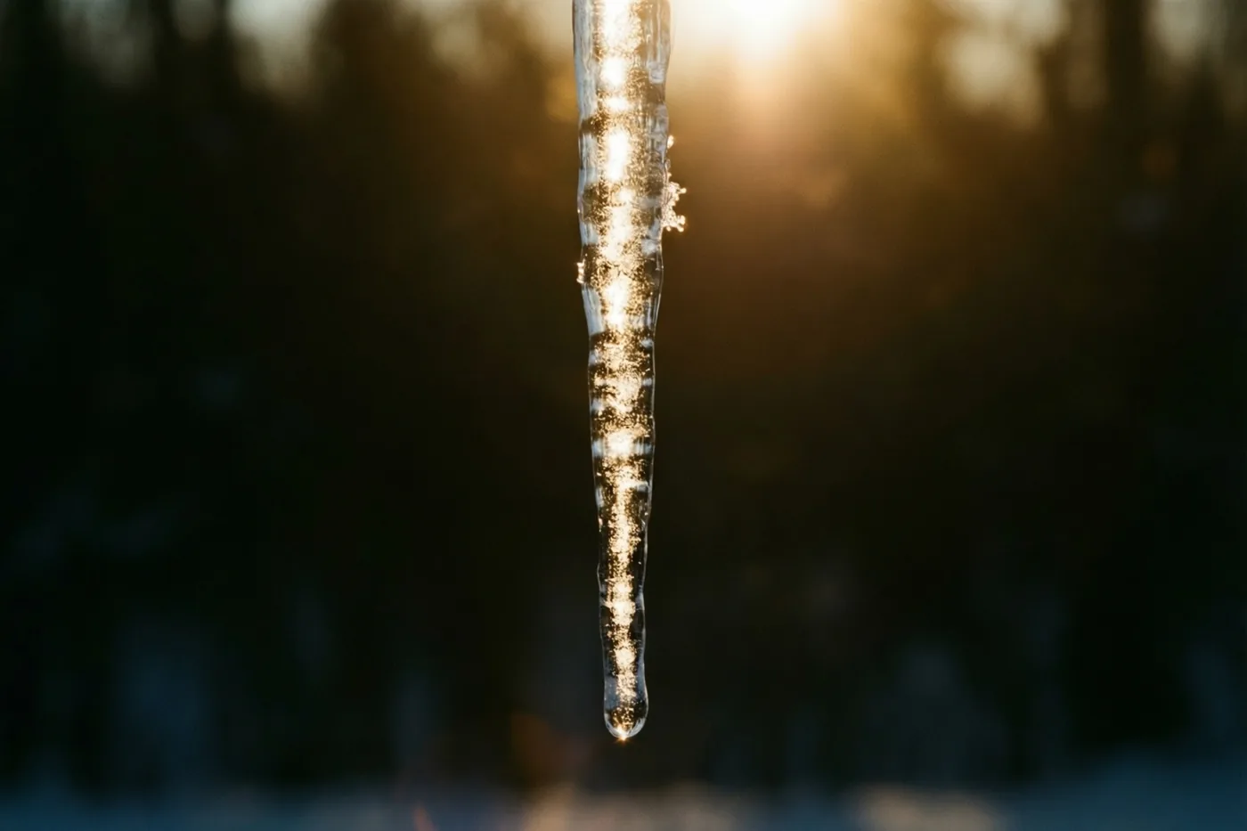 Een lange verticale ijspegel wordt over zijn lengte verlicht door een lage zon tegen een donkere, onscherpe achtergrond.