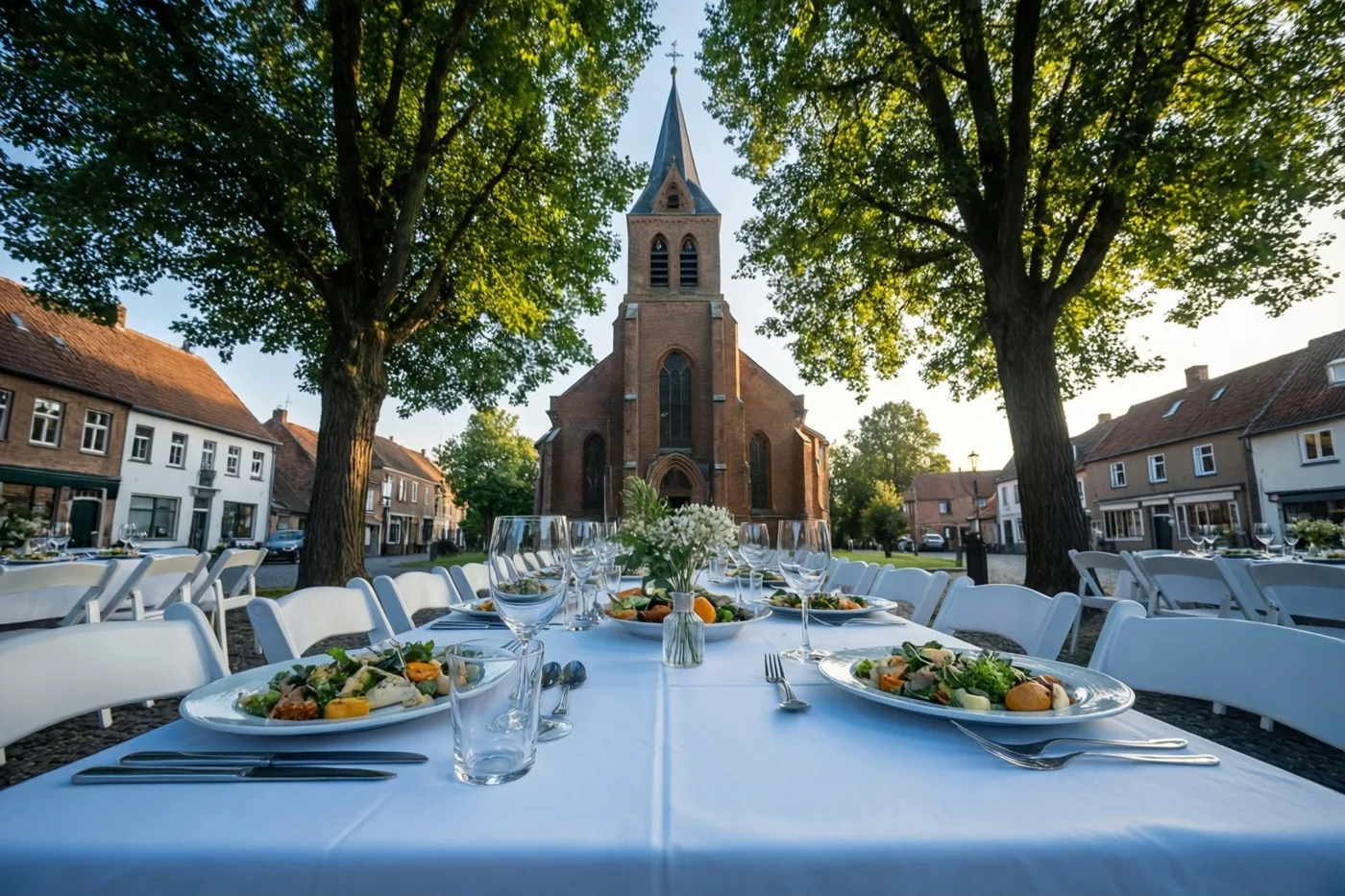 Een lange witte tafel staat gedekt op een dorpsplein tussen grote lindebomen, met een rode bakstenen kerk en een hoge spits onder een heldere hemel op de achtergrond.