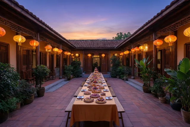 Een lange tafel met een oranje kleed en veel zoetigheden staat bij schemering op een betegelde binnenplaats tussen houten gebouwen, hangende lantaarns en potplanten onder een paarsoranje hemel.