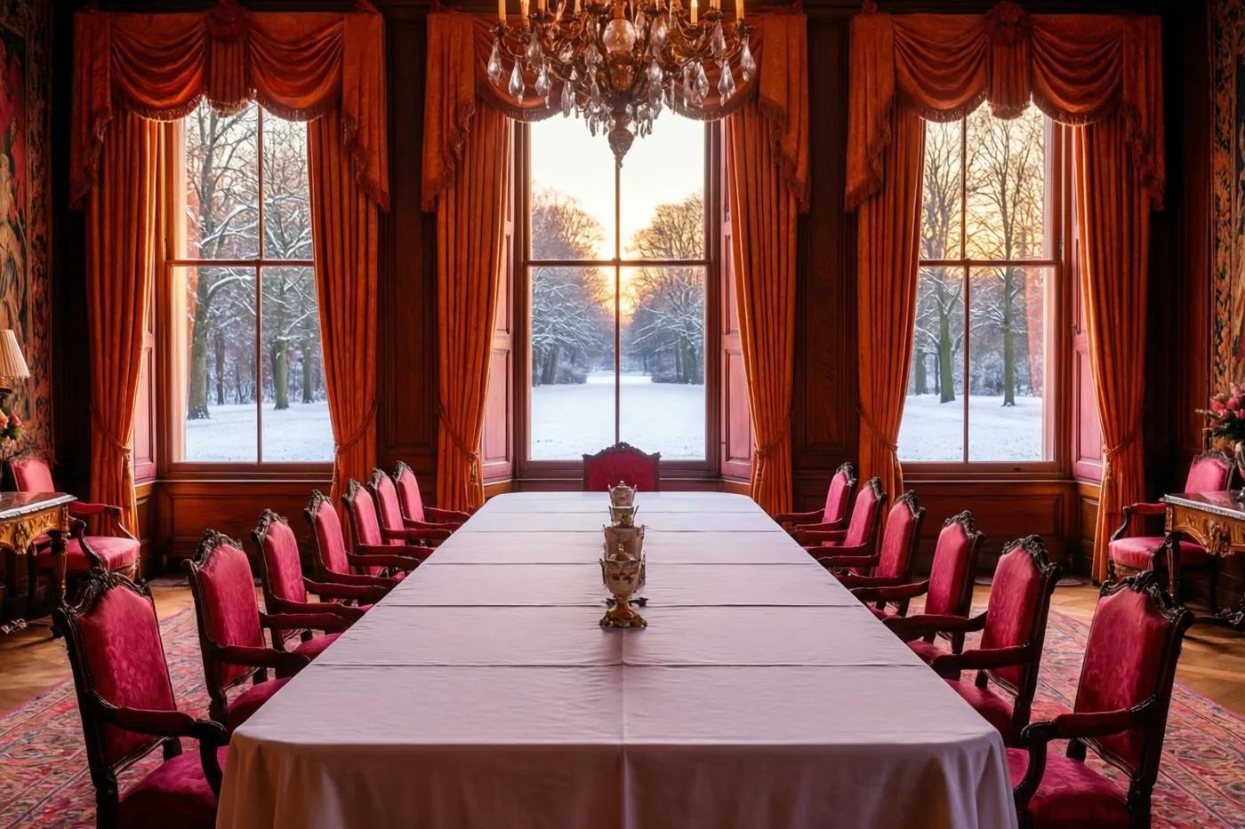 Een lange tafel met wit linnen staat in een statige landhuiskamer met sierlijke rode gordijnen en een kroonluchter, met achter de grote ramen een besneeuwd park met kale bomen.