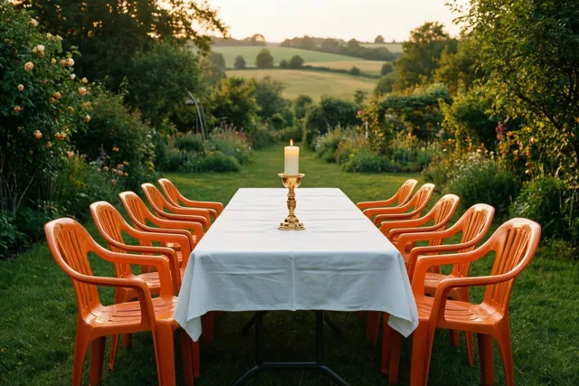 Een lange tafel met een wit tafelkleed, oranje plastic stoelen en een brandende communiekaars in een gouden houder staat in een tuin met groene heuvels bij zonsondergang.