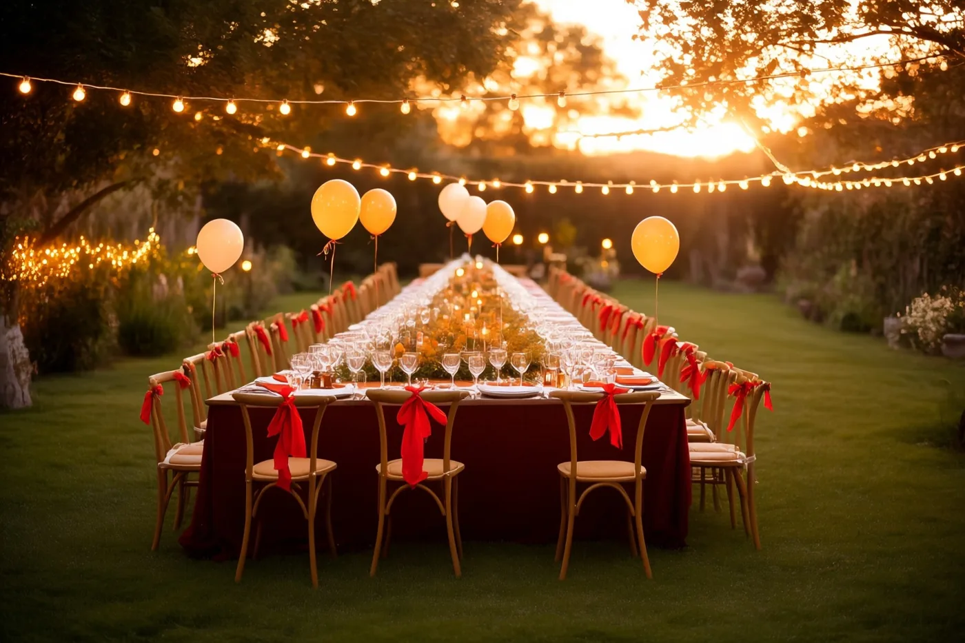 Een lange feesttafel staat bij zonsondergang in een tuin met lichtslingers, kaarsen, ballonnen aan de stoelen en rode accenten op de stoelstrikken en het tafelkleed.