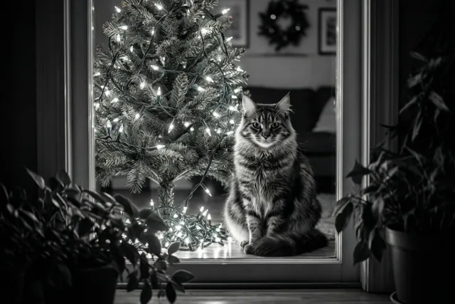 De kat bewaakt de kerstsfeer