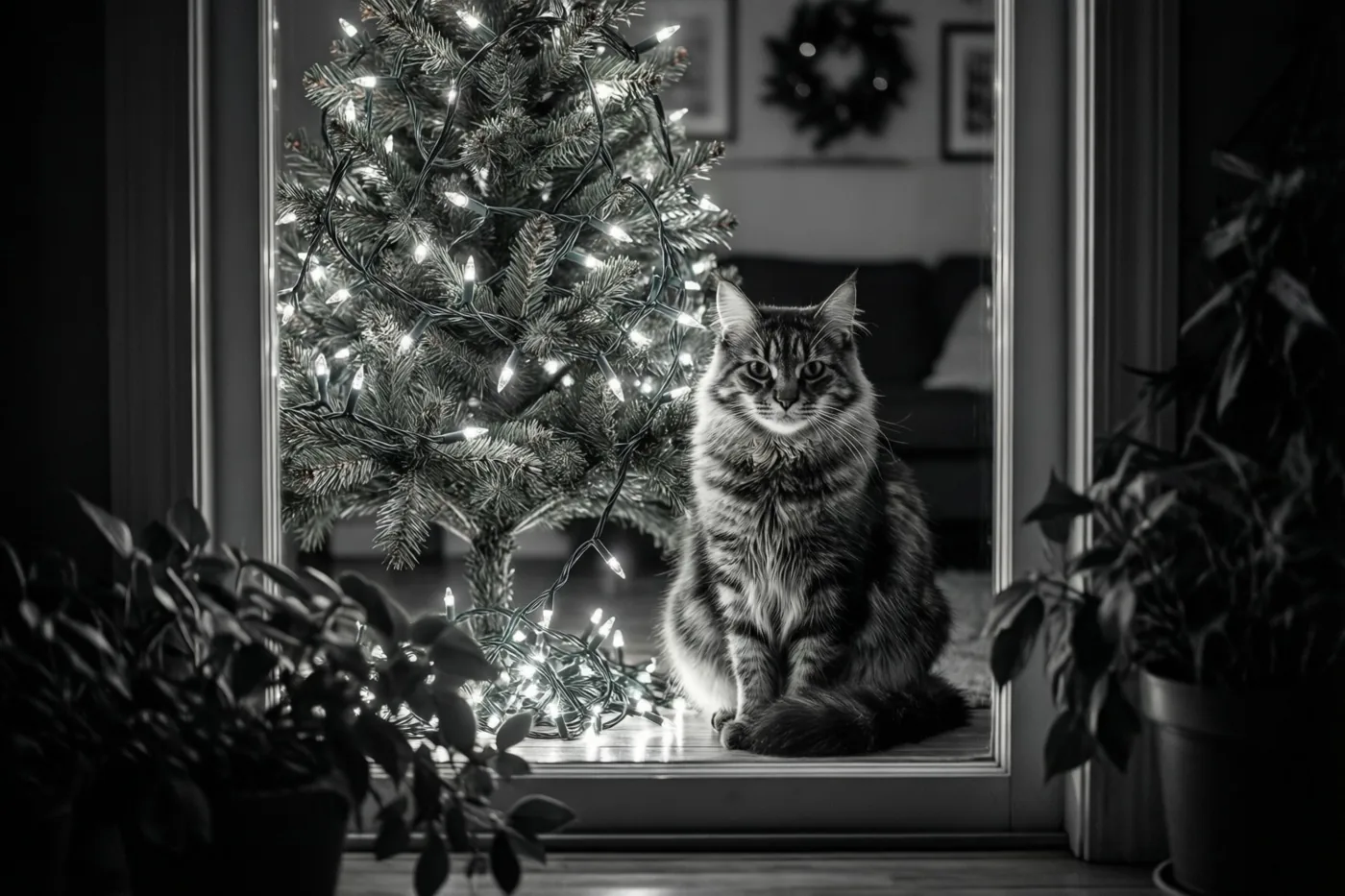 Een zwart-witfoto toont een langharige gestreepte kat die rechtop op een vensterbank zit naast een klein kerstboompje met brandende lichtslingers.