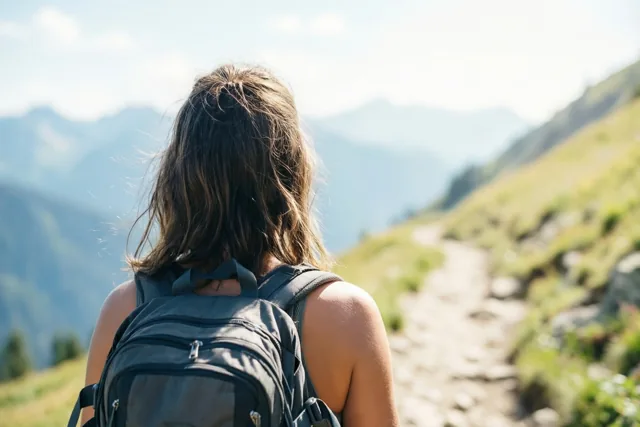 Een persoon met lang haar en een rugzak wandelt van de kijker weg over een zonnig bergpad, met nevelige bergen in de verte onder een heldere hemel.