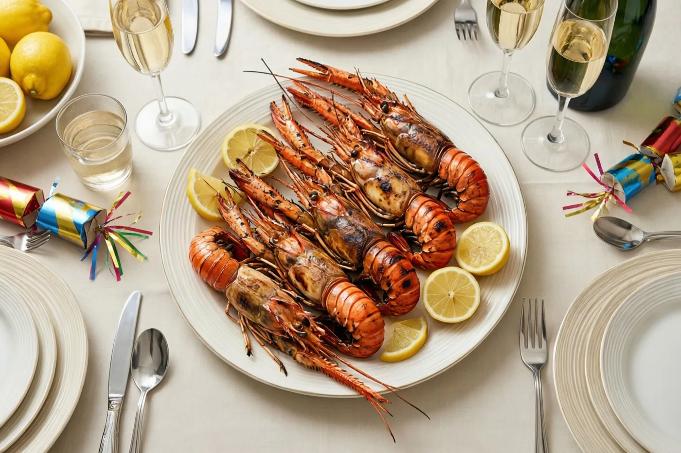 Een schaal gegrilde langoustines met citroenschijfjes staat op een feesttafel met champagneglazen, knalbonbons en een kom citroenen.