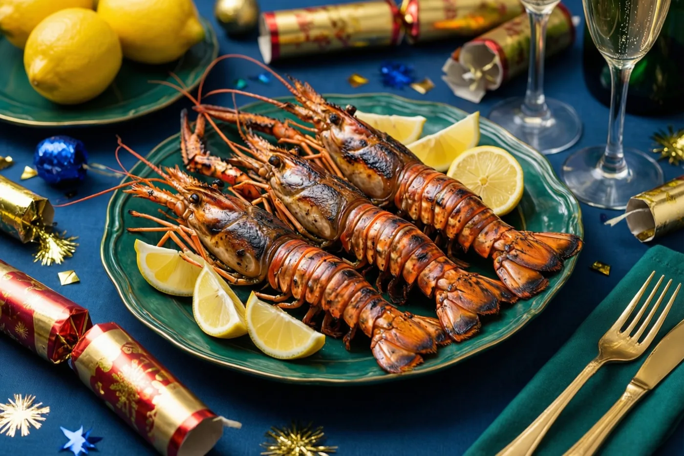 Een groene schaal met gegrilde langoustines en citroenpartjes staat op een donkerblauw tafelkleed, omringd door champagneglazen, knalbonbons en feestversiering.