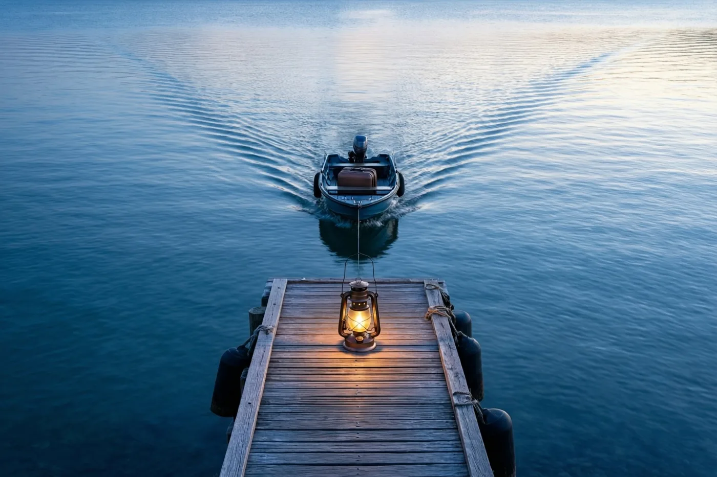 Een brandende lantaarn staat op een houten steiger terwijl een kleine motorboot met een koffer aan boord bij schemering wegvaart over kalm blauw water.