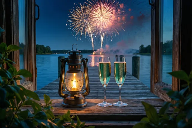 Door een open raam zijn een lantaarn en twee champagneglazen op een houten steiger te zien, met vuurwerk boven het water op de achtergrond.