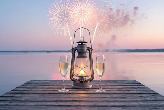 Een brandende lantaarn en twee champagneglazen staan op een houten steiger aan het water, met vuurwerk in een roze en blauwe schemerlucht.