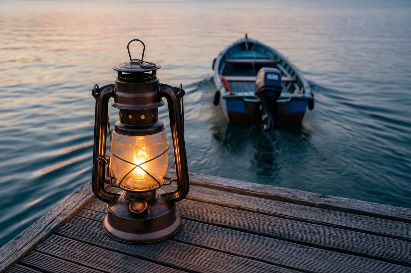 Een brandende lantaarn staat bij schemering op een houten steiger met een wegvarende motorboot op de achtergrond in blauwe en grijze tinten.