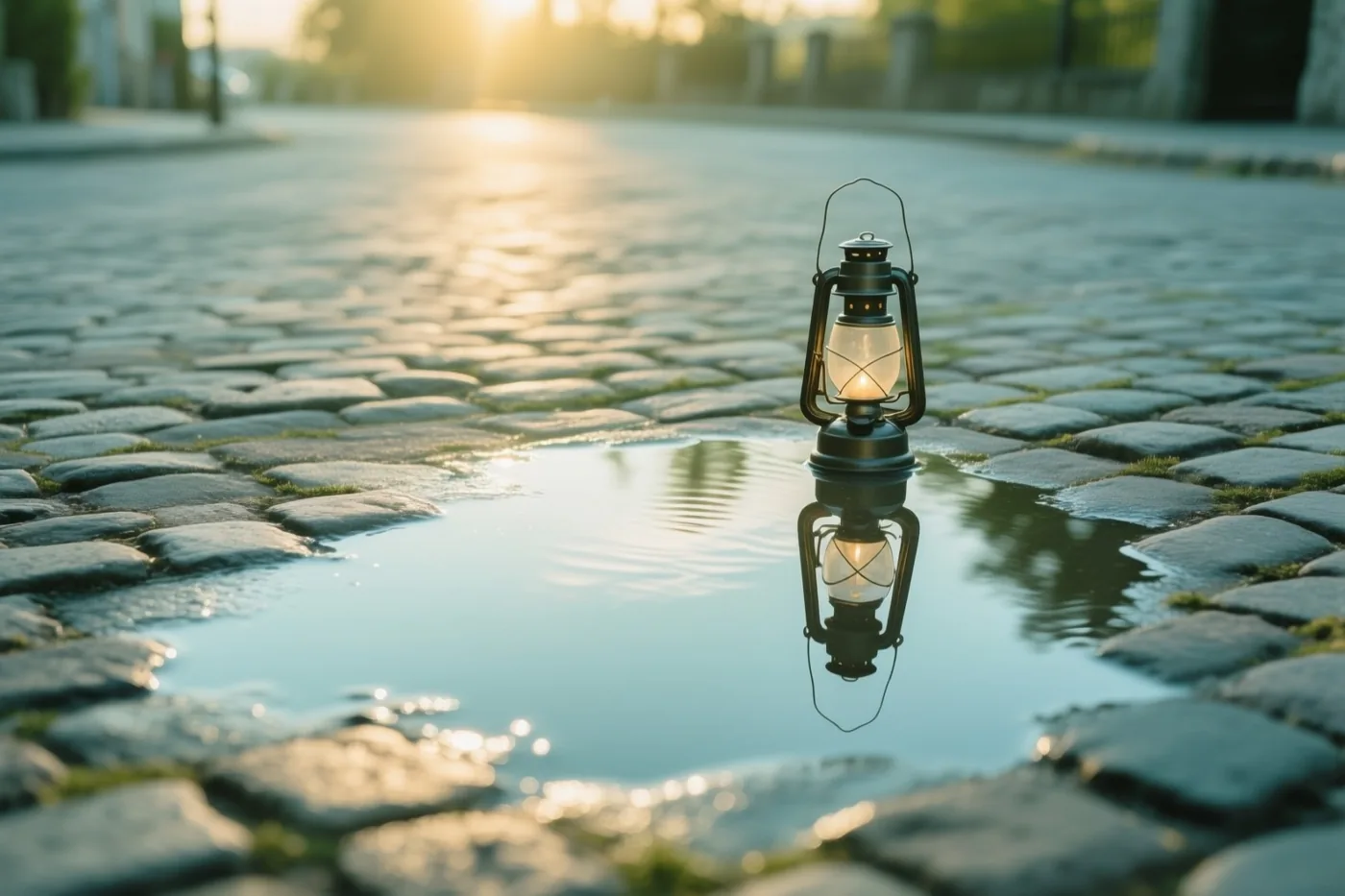 Een brandende lantaarn staat op natte kasseien en weerspiegelt in een rimpelende plas, in het warme gouden licht van een laagstaande zon.