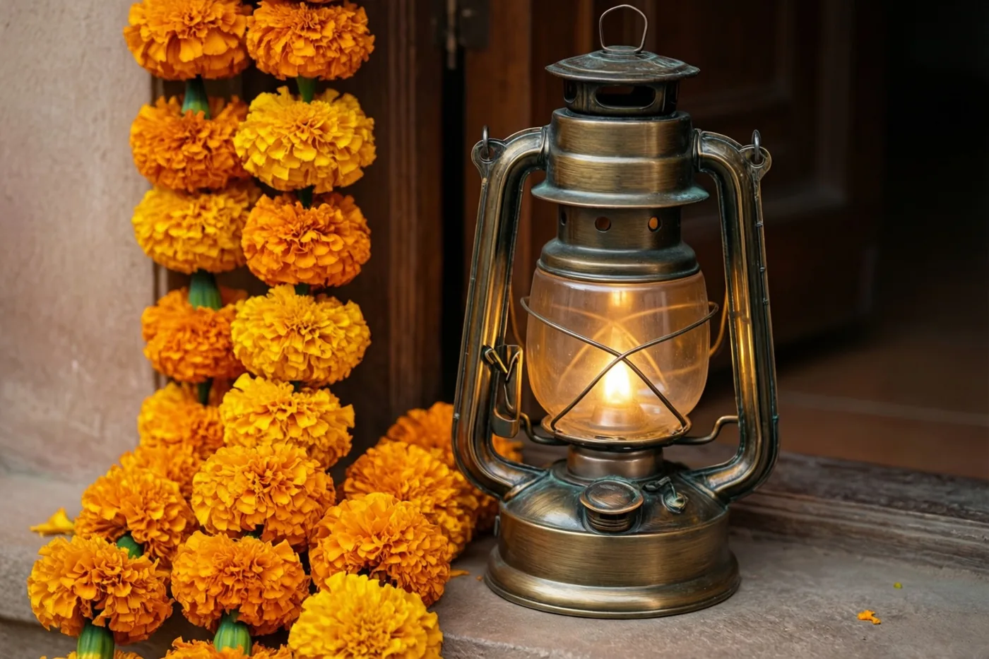 Een brandende messing lantaarn staat op een stenen trede naast een kleurrijke bloemenslinger in een houten deuropening, in warme oranje en messingtinten.