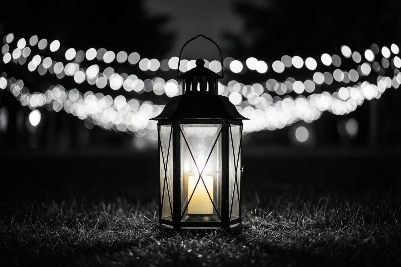 Een brandende lantaarn staat 's nachts op het gras met onscherpe feestlichtjes op de achtergrond, weergegeven in één kleurenpalet.