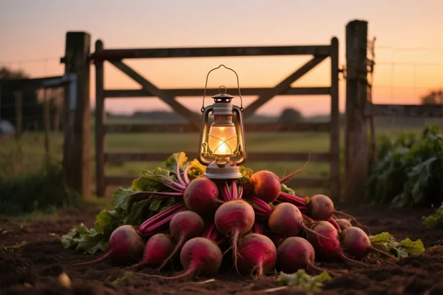 Een brandende lantaarn staat op een hoop suikerbieten op donkere aarde op een boerenerf, met een houten hek onder een oranje en roze avondlucht.
