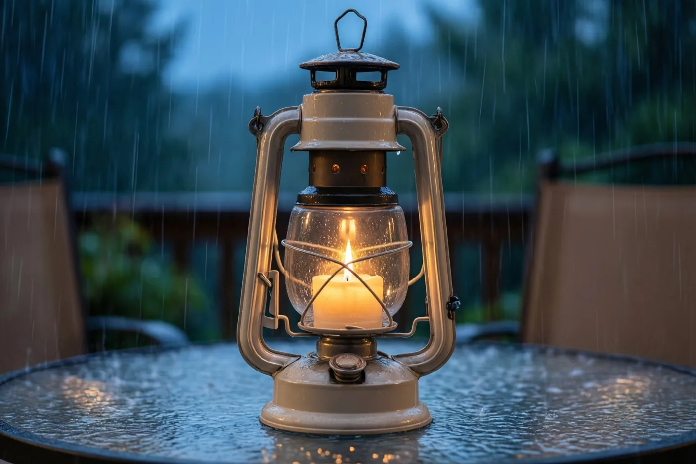 Een brandende kaars in een metalen lantaarn staat op een natte glazen tafel onder een overdekt terras, met regen buiten en warmgeel kaarslicht tegen een donkerblauwe achtergrond.