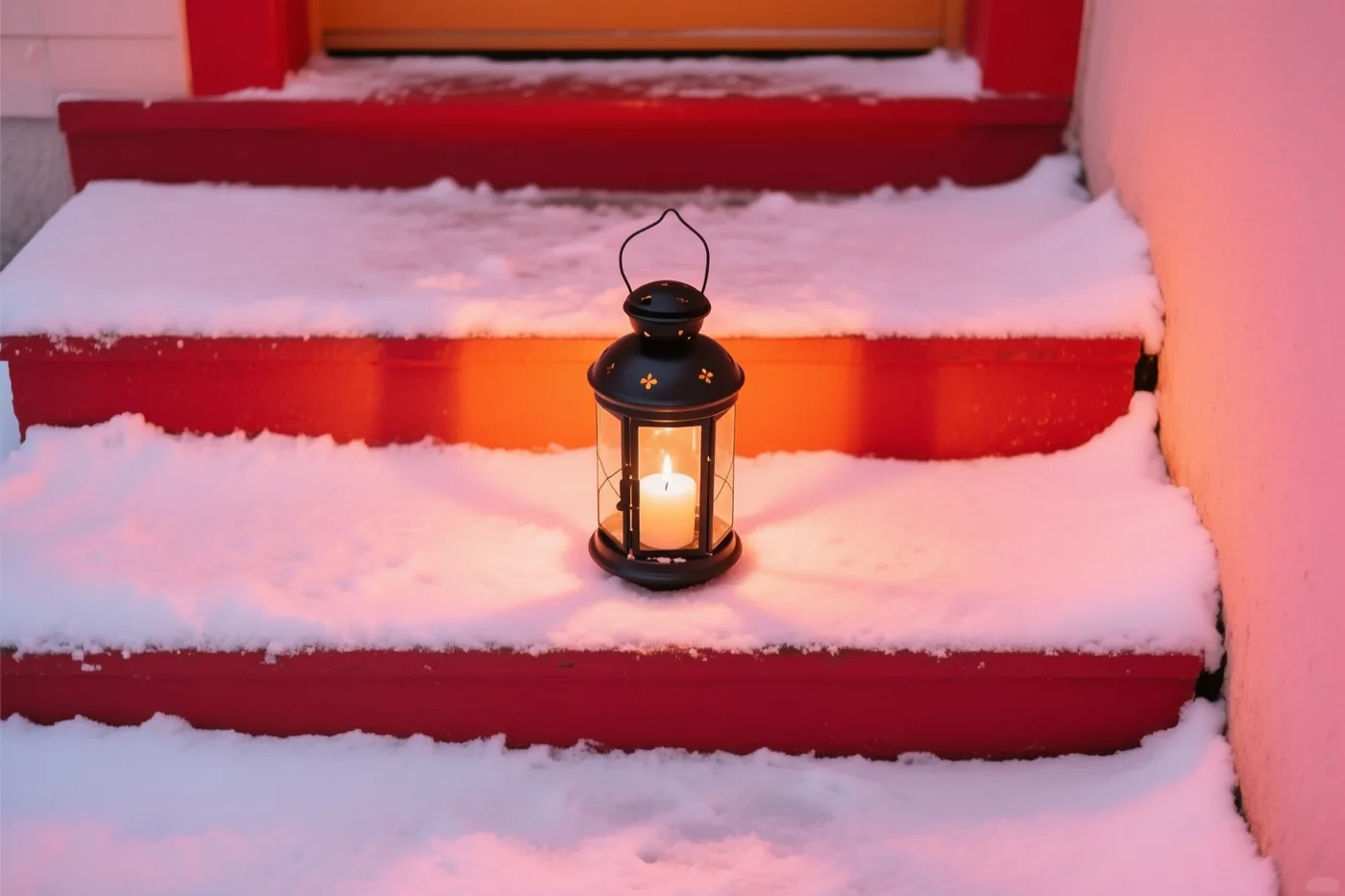 Een zwarte lantaarn met een brandende kaars staat op een besneeuwde rode trede in warm licht.