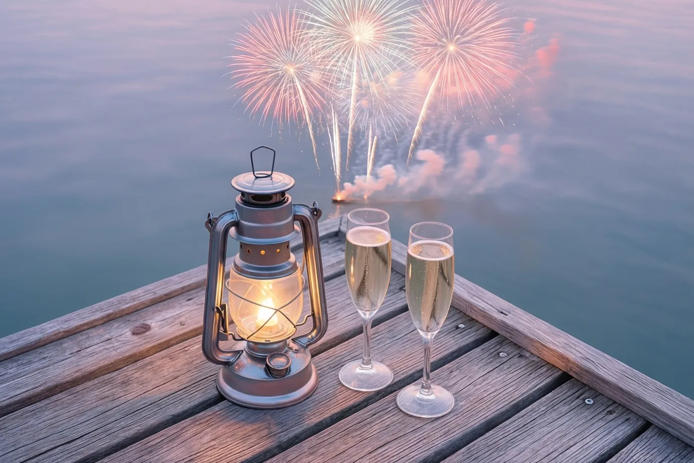 Een brandende lantaarn en twee champagneglazen staan op een verweerde houten steiger, met kleurrijk vuurwerk boven rustig water in de schemering.